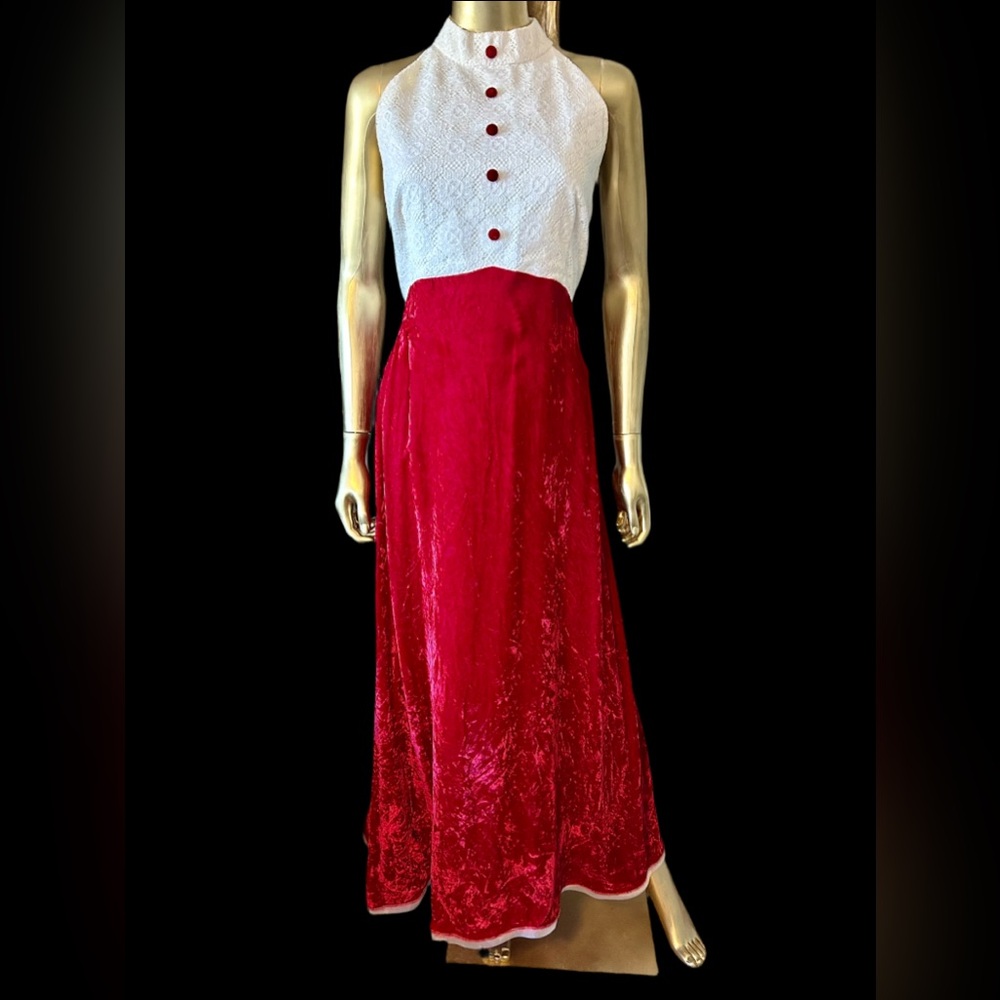 Vintage 60s Red Velvet & Lace Maxi Dress Size Large